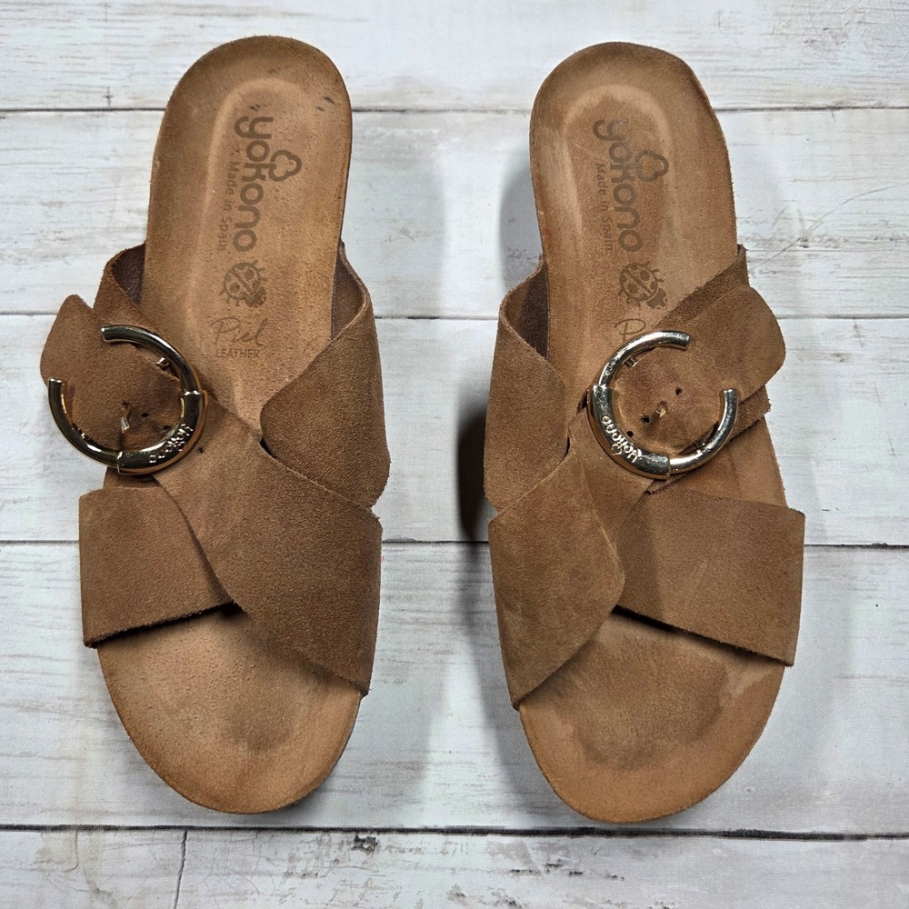 Yokono Suede Leather Wedge Sandals Womens 9 Brown Spanish Cork Buckle Slides